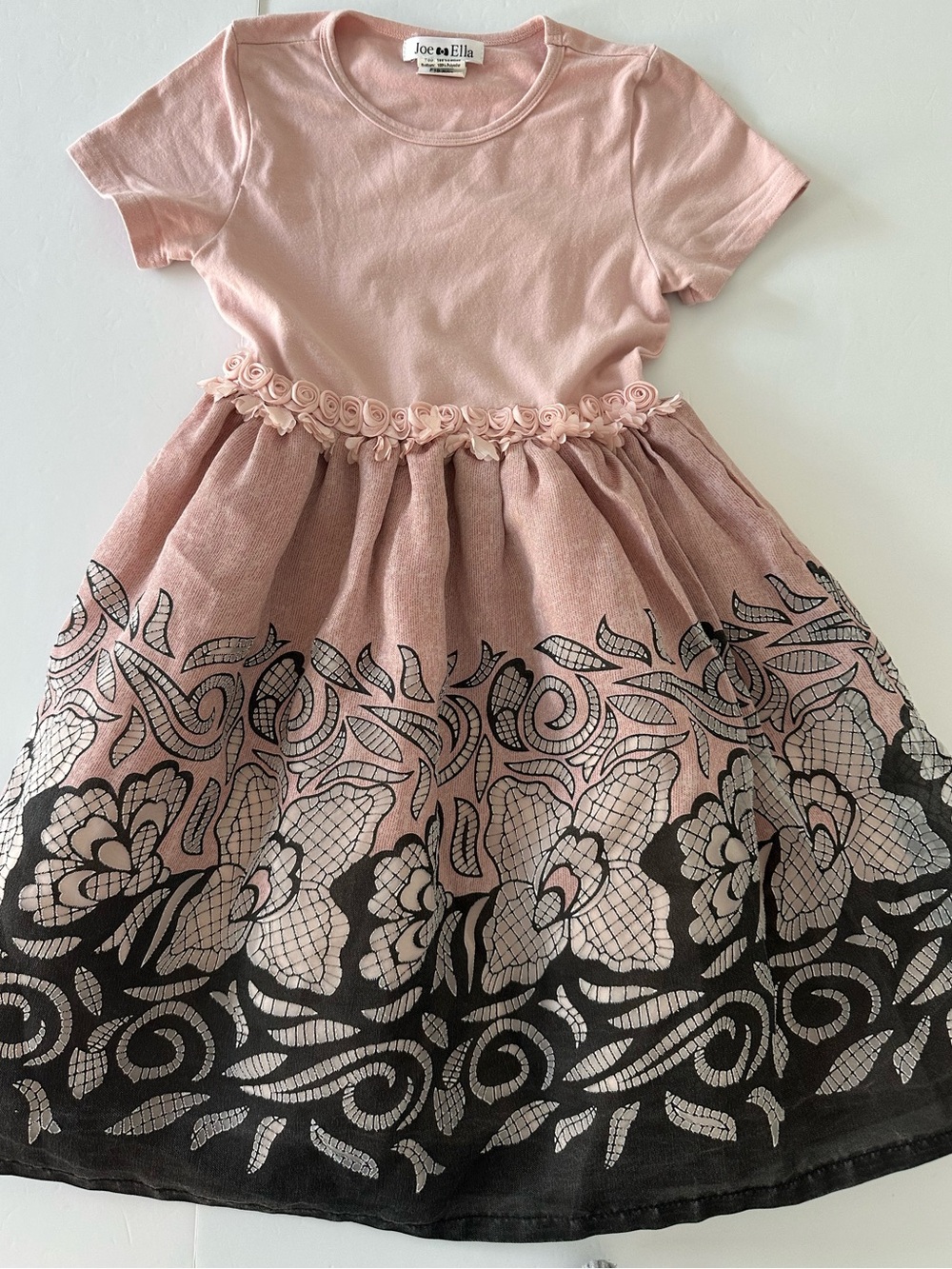 Joe & Ella Girls Dress Size 7 Pink With Black Floral Border Design Short Sleeves